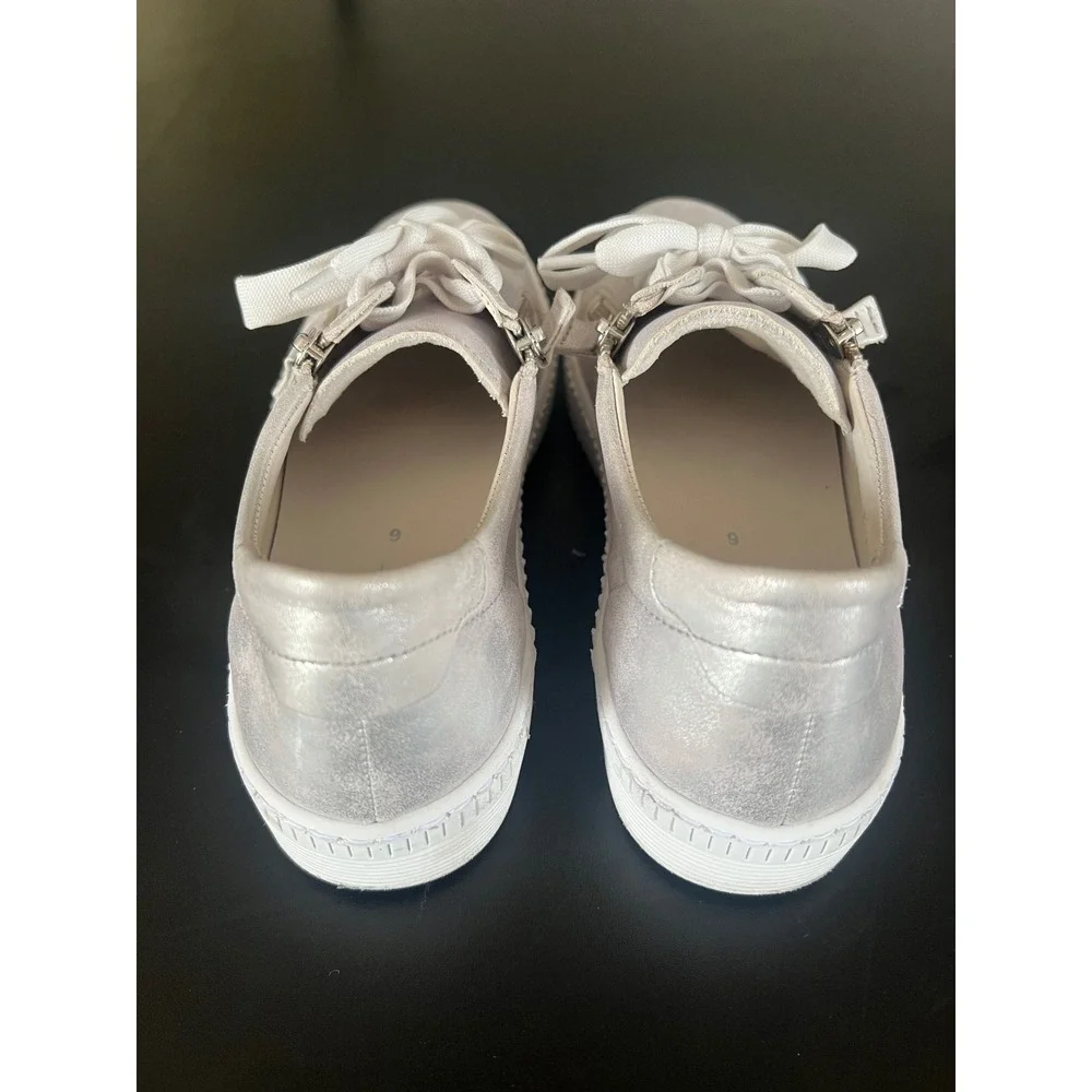 Gabor Best Fitting Silver Metallic Leather Side Zip Platform Sneakers Shoes 6